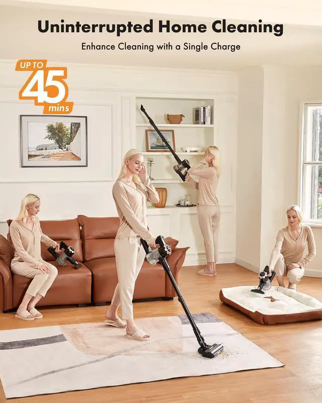 Alt view image 2 of 7 - _Mega Brand Cordless Vacuum Cleaner, 8-in-1 Lightweight Stick Vacuum with 45mins Runtime, Powerful Suction, Rechargeable Cordless Vacuum for Carpet, Tile, Pet Hair, Hardwood Floors, Black