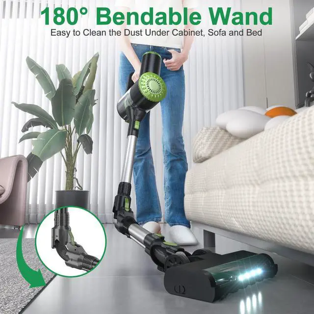 Alt view image 3 of 7 - _Mega Brand Cordless Vacuum Cleaner, Lightweight Stick Vacuum Cleaner, 6 in 1, Self-Standing with Powerful Suction, 180° Bendable Wand Rechargeable Cordless Vacuum for Hardwood Floor (Green)