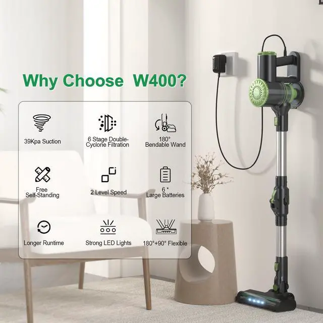 Alt view image 7 of 7 - _Mega Brand Cordless Vacuum Cleaner, Lightweight Stick Vacuum Cleaner, 6 in 1, Self-Standing with Powerful Suction, 180° Bendable Wand Rechargeable Cordless Vacuum for Hardwood Floor (Green)