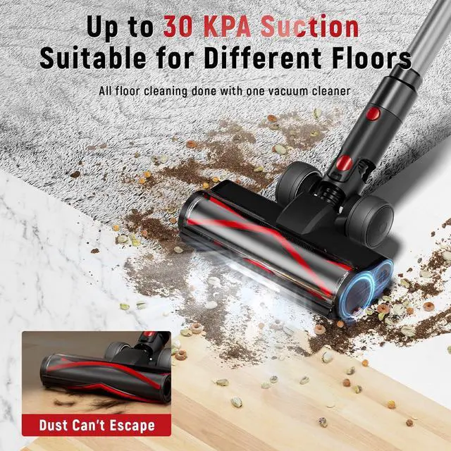 Alt view image 3 of 7 - Cordless Vacuum Cleaner,30Kpa Home Stick Vacuum,Smart Display&1.5L Dust Cup,55mins Max Runtime,Rechargeable Lightweight Handheld Vavuum for Pet Hair/Carpet/Hardwood Floor/Car (Red)