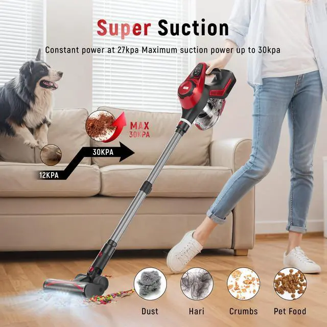 Alt view image 2 of 7 - Cordless Vacuum Cleaner,30Kpa Home Stick Vacuum,Smart Display&1.5L Dust Cup,55mins Max Runtime,Rechargeable Lightweight Handheld Vavuum for Pet Hair/Carpet/Hardwood Floor/Car (Red)