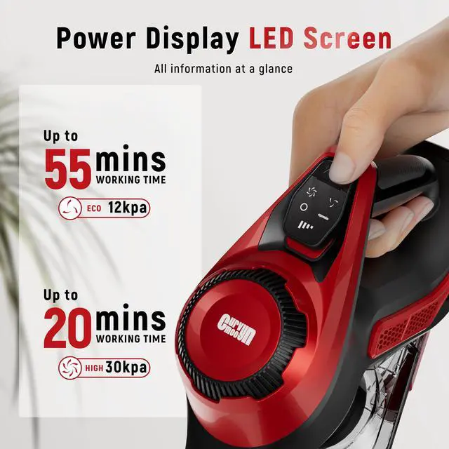 Alt view image 4 of 7 - Cordless Vacuum Cleaner,30Kpa Home Stick Vacuum,Smart Display&1.5L Dust Cup,55mins Max Runtime,Rechargeable Lightweight Handheld Vavuum for Pet Hair/Carpet/Hardwood Floor/Car (Red)