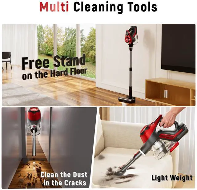 Alt view image 5 of 7 - Cordless Vacuum Cleaner,30Kpa Home Stick Vacuum,Smart Display&1.5L Dust Cup,55mins Max Runtime,Rechargeable Lightweight Handheld Vavuum for Pet Hair/Carpet/Hardwood Floor/Car (Red)