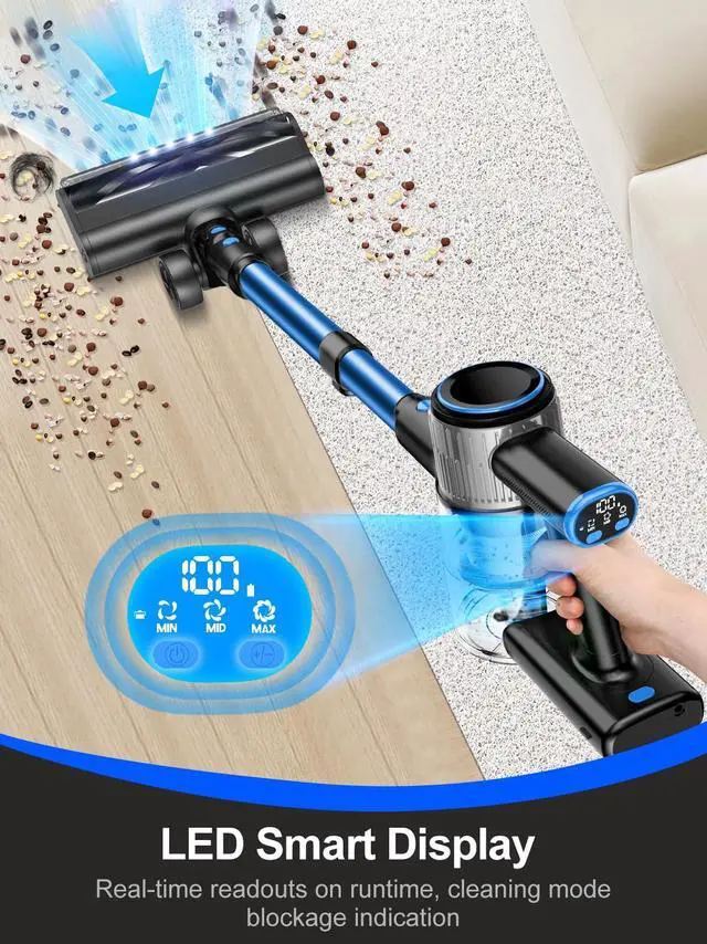 Alt view image 3 of 7 - _Mega Brand Cordless Vacuum Cleaner, 8-in-1 Vacuum Cleaners for Home, 45Mins Runtime, Anti-Tangle Stick Vacuum with LED Display, Rechargeable Lightweight Vacuum for Pet Hair/Carpet/Floor (Blue)