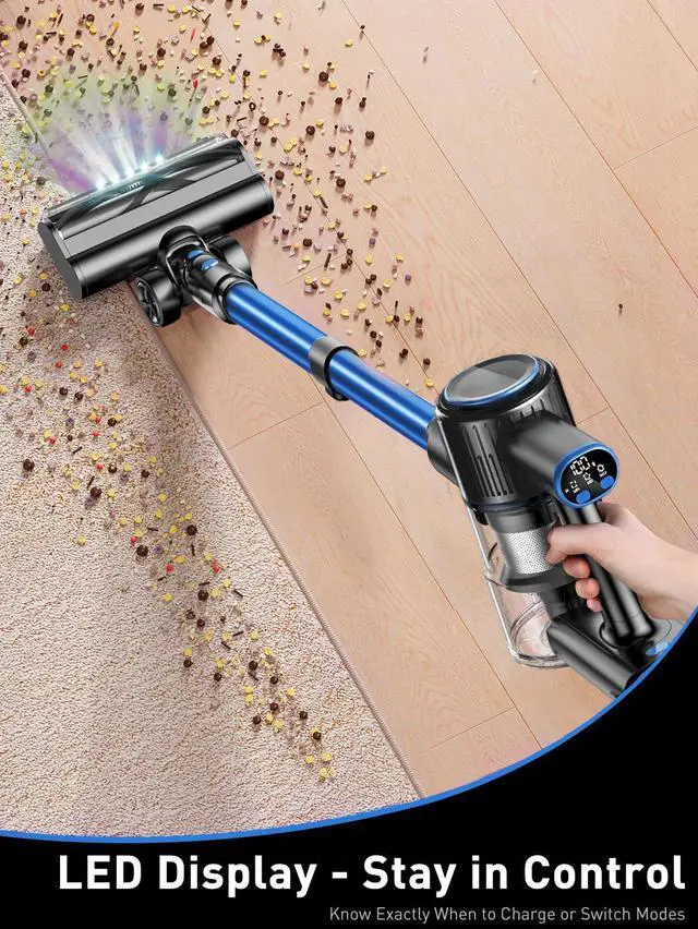 Alt view image 4 of 7 - _Mega Brand Cordless Vacuum Cleaner, 8-in-1 Vacuum Cleaners for Home, 45Mins Runtime, Anti-Tangle Stick Vacuum with LED Display, Rechargeable Lightweight Vacuum for Pet Hair/Carpet/Floor (Blue)