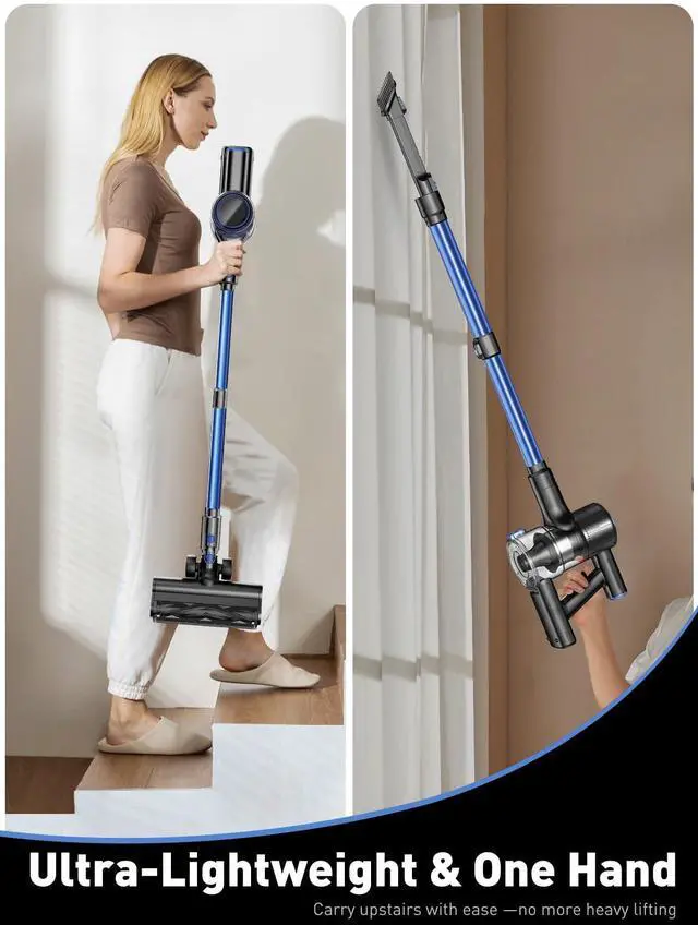 Alt view image 6 of 7 - _Mega Brand Cordless Vacuum Cleaner, 8-in-1 Vacuum Cleaners for Home, 45Mins Runtime, Anti-Tangle Stick Vacuum with LED Display, Rechargeable Lightweight Vacuum for Pet Hair/Carpet/Floor (Blue)