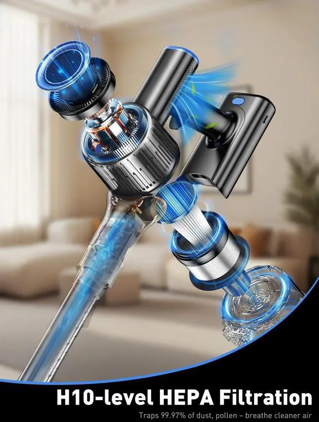 Alt view image 7 of 7 - _Mega Brand Cordless Vacuum Cleaner, 8-in-1 Vacuum Cleaners for Home, 45Mins Runtime, Anti-Tangle Stick Vacuum with LED Display, Rechargeable Lightweight Vacuum for Pet Hair/Carpet/Floor (Blue)
