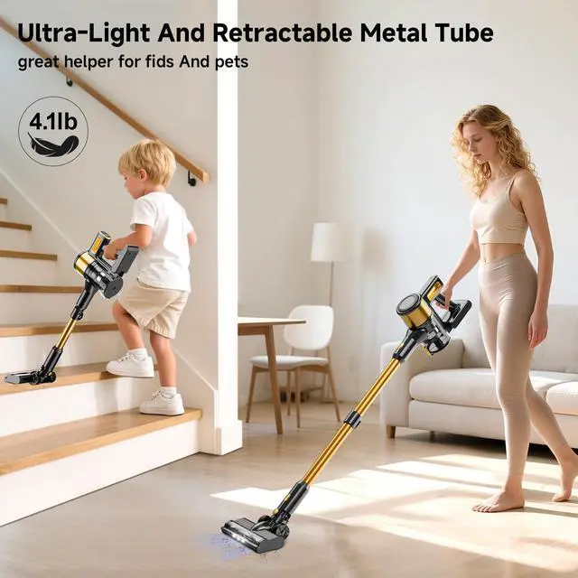 Alt view image 6 of 7 - _Mega Brand Cordless Vacuum Cleaner,55Mins/Powerful Vacuum Cleaners for Home,Stick Vacuums with 8in1,Touch Screen,LED Headlights,AntiTangle,Rechargeable,Lightweight for Carpet,Hard Floor,Pet Hair,Gold