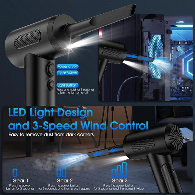Alt view image 4 of 7 - _Mega Brand Compressed Air Duster,100000RPM Handheld Car Vacuum/Air Blower&Pump,3 Gear Adjustable Electric Air Duster/Car Vacuum Cleaner, Keyboard Duster with LED Light-10 Kits Air Blower for Computer