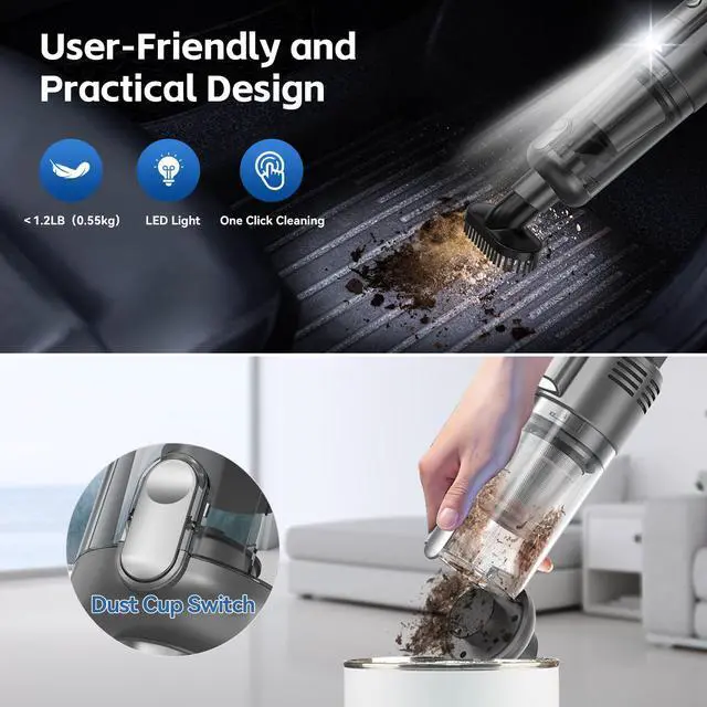 Alt view image 2 of 7 - _Mega Brand Handheld Car Vacuum Cleaner Cordless:9500PA Suction Portable Lightweight Hand Held Vacuum-Large Capacity Battery Last Long Wireless Mini Vacuum with LED Light for Home Office Cleaning