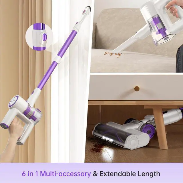 Alt view image 7 of 7 - _Mega Brand Cordless Vacuum Cleaner for Home, 500W Lightweight Vacuum Cleaner with MAX 50 Min Detachable Battery,Brushless Motor,6 in 1 Stick Vacuum for Hardwood Floors and Carpet Pet Hair CarPurple