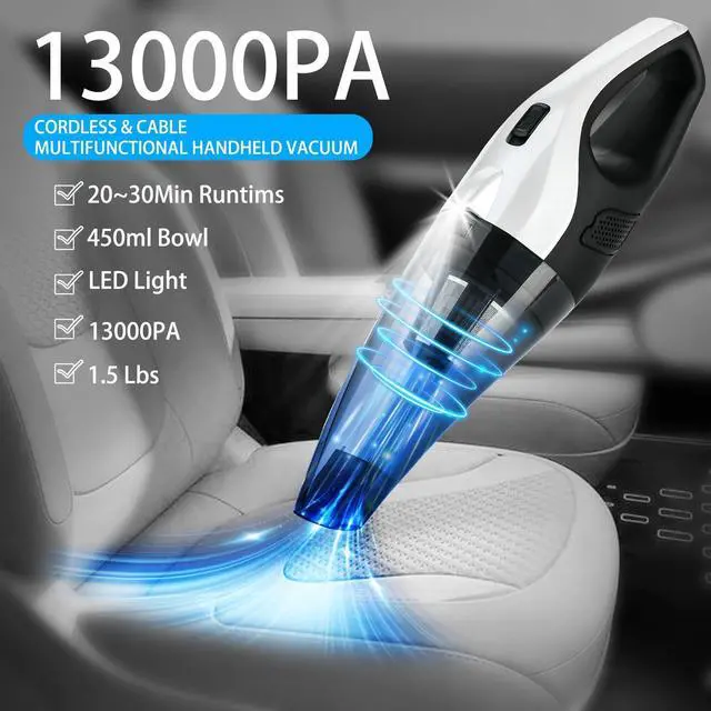 Alt view image 2 of 7 - _Mega Brand Handheld Vacuum Cordless, Portable Cordless,13000 pa Strong Suction Portable Hand Vacuum Rechargeable with LED Light, Car Hand Vacuum for for Home/Car/Pet Hair/Travel Cleaning