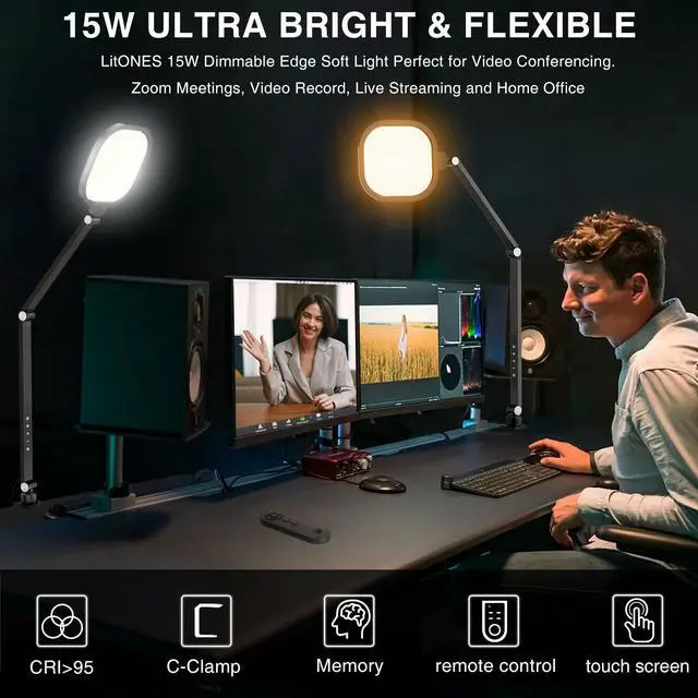 Alt view image 3 of 7 - _Mega Brand Video Conference Light for Computer, Dimmable Camera Lighting for Video Recording, Meeting, Laptop & Webcam, 15W Ring Light with C- Clamp,Swing Arm, Remote, Memory & Timer CRI >95
