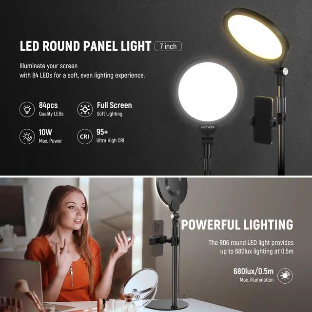 Alt view image 2 of 7 - _Mega Brand Basics 7" Desk Ring Light for Video Recording, 10W Dimmable Full Screen Key Lighting with Stand&Phone Holder for iPhone Computer Laptop Vlog Live Streaming Video Conference, R06