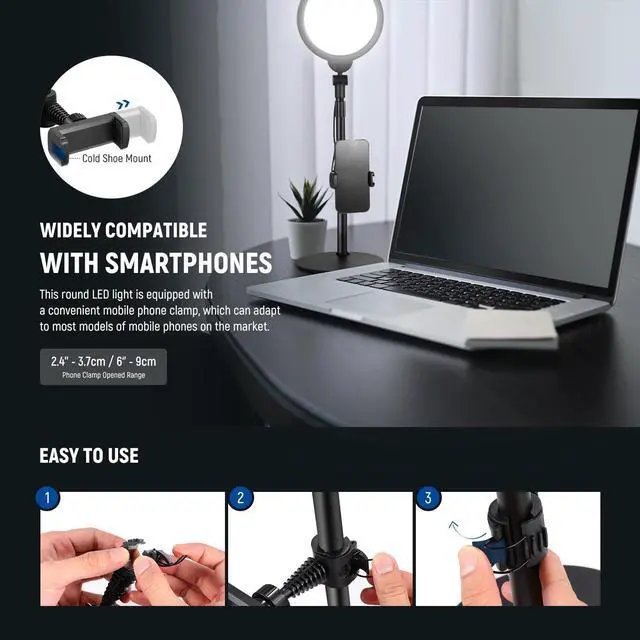 Alt view image 6 of 7 - _Mega Brand Basics 7" Desk Ring Light for Video Recording, 10W Dimmable Full Screen Key Lighting with Stand&Phone Holder for iPhone Computer Laptop Vlog Live Streaming Video Conference, R06