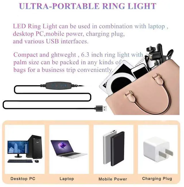 Alt view image 5 of 6 - Hoegoa 6.3"Ring Light with ClampUSB-Powered Webcam Light,3 Modes&10-Level Dimming for Laptop/PC Monitor,Desk,Office,Makeup,Zoom,YouTube,TikTok,Bedside ReadingTool-Free Mount,Portable Travel Size