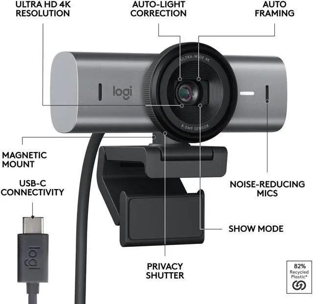 Alt view image 6 of 7 - _Mega Brand MX Brio Ultra HD 4K Collaboration and Streaming Webcam, 1080p at 60 FPS, Dual Noise Reducing Mics, Show Mode, USB-C, Webcam Cover, Works with Microsoft Teams, Zoom, Google Meet - Graphite
