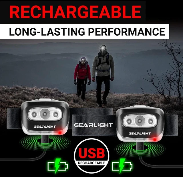 Alt view image 2 of 7 - USB Rechargeable Headlamp Flashlight for Running, Camping, and Outdoor LED Headlight Camping Headlamps - Head Lamp Light for Adults, Kids, Emergency Gear - Black - 2 Pack