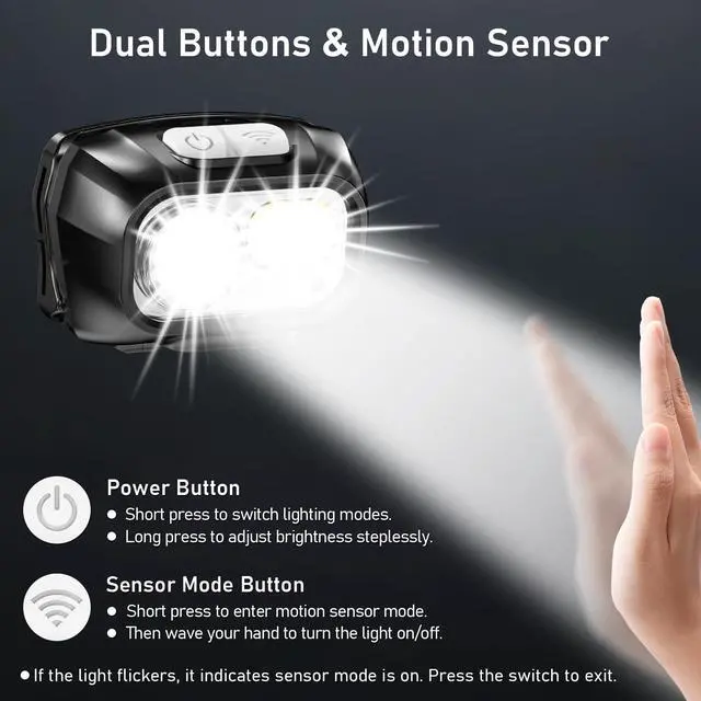 Alt view image 5 of 7 - _Mega Brand LED Headlamp Rechargeable,2000L Super Bright Headlight with Motion Sensor -Dimmable Brightness,8 Modes,Spotlight&Floodlight&Red Light Combination,IPX5 Waterproof for Hiking,Camping-2 Pack
