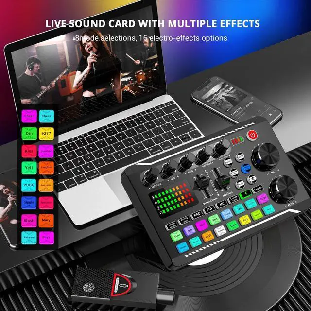 Alt view image 2 of 7 - _Mega Brand F998 Live Sound Card Audio Mixer, Podcast Audio Interface with DJ Mixer Effects, Voice Changer with Sound Effects for PS4 PS5 Karaoke Tiktok YouTube Live Streaming Record Gaming