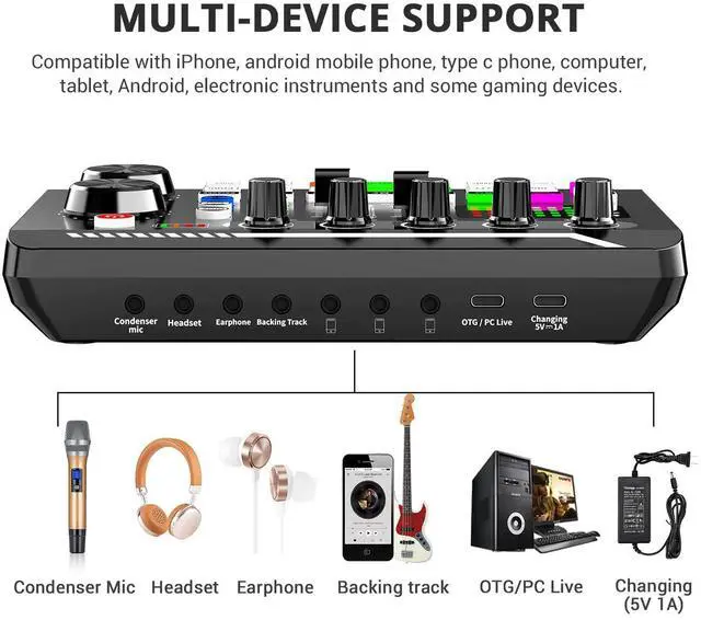 Alt view image 4 of 7 - _Mega Brand F998 Live Sound Card Audio Mixer, Podcast Audio Interface with DJ Mixer Effects, Voice Changer with Sound Effects for PS4 PS5 Karaoke Tiktok YouTube Live Streaming Record Gaming