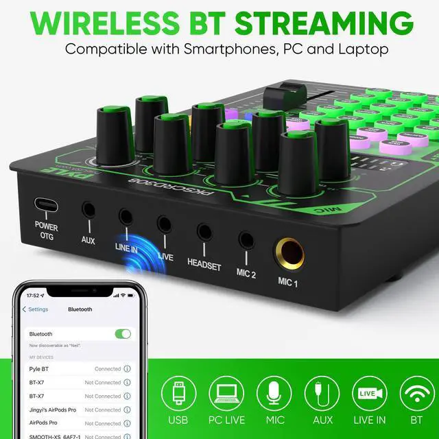Alt view image 4 of 7 - _Mega Brand Portable Bluetooth Live Broadcast Sound Card Pro Audio Interface DJ mixer Condenser w/Microphone Set, for Streaming Podcasts Studio, Recording PC, Gaming, Phone, w/FX, Ambient Sounds