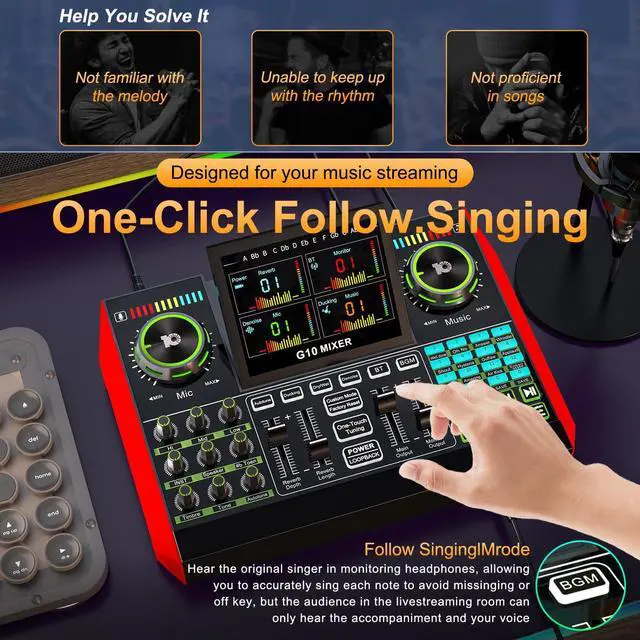 Alt view image 3 of 7 - _Mega Brand G10 Gaming Audio Mixer, Audio Interface with 3.5mm/XLR Microphone Input, 48V Phantom Power, Voice Changer Live Sound Card for Streaming, Podcasting, Recording, and Singing Content Creation