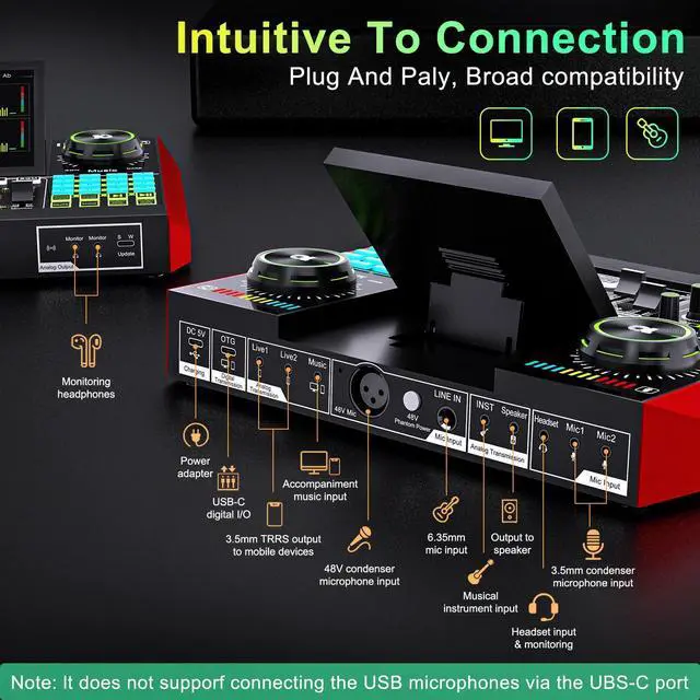 Alt view image 6 of 7 - _Mega Brand G10 Gaming Audio Mixer, Audio Interface with 3.5mm/XLR Microphone Input, 48V Phantom Power, Voice Changer Live Sound Card for Streaming, Podcasting, Recording, and Singing Content Creation