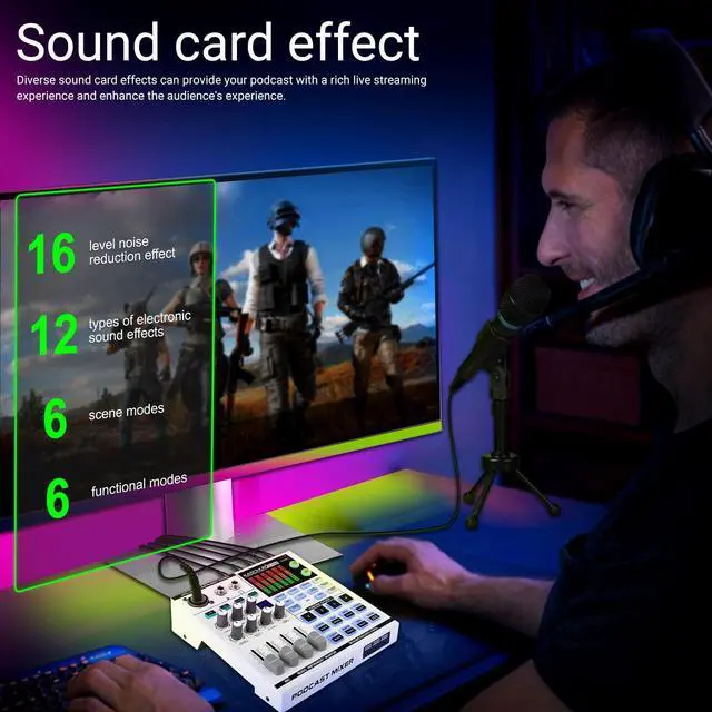 Alt view image 4 of 7 - _Mega Brand Gaming Audio Mixer,A sound card with 48V phantom power, Bluetooth/6.35mm/3.5mm/XLR inputs,and live sound card with voice conversion DJ mixer effects,Audio Interface for Streaming/Podcast