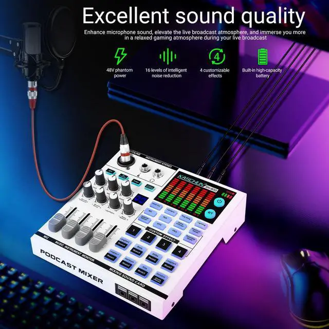 Alt view image 2 of 7 - _Mega Brand Gaming Audio Mixer,A sound card with 48V phantom power, Bluetooth/6.35mm/3.5mm/XLR inputs,and live sound card with voice conversion DJ mixer effects,Audio Interface for Streaming/Podcast