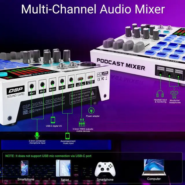 Alt view image 7 of 7 - _Mega Brand Gaming Audio Mixer,A sound card with 48V phantom power, Bluetooth/6.35mm/3.5mm/XLR inputs,and live sound card with voice conversion DJ mixer effects,Audio Interface for Streaming/Podcast