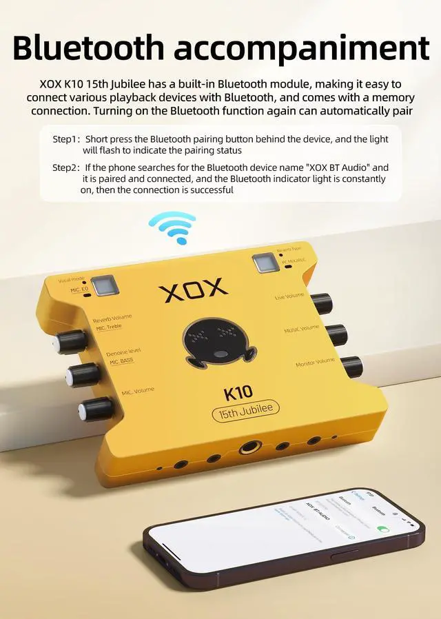 Alt view image 3 of 7 - _Mega Brand XOX K10 15TH live streaming audio interface for gaming recording bubbing teaching and k song. Stream sound card with 3.5/6.5 microphone,bluetooth and wireless OTG connect.