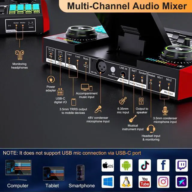 Alt view image 5 of 7 - podcast equipment bundle, live sound card, streaming audio mixer, Podcast microphone bundle for PC/mobile live streaming, singing, gaming, soundboard with voice changer and noise reduction function