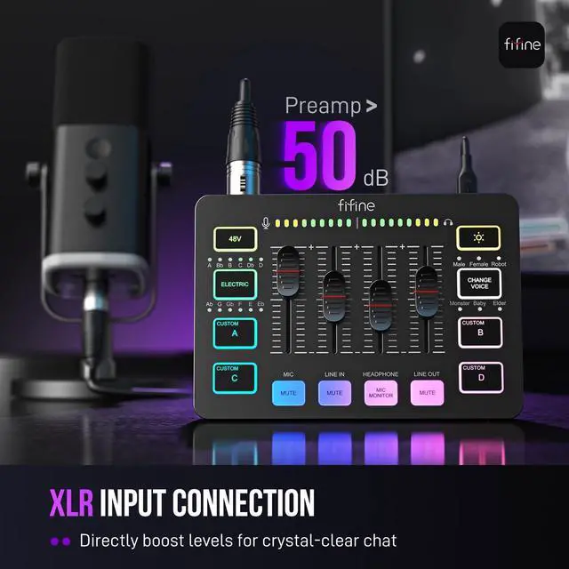 Alt view image 2 of 7 - _Mega Brand Gaming Audio Mixer, Streaming RGB PC Mixer with XLR Microphone Interface,Individual Control,Volume Fader,Mute Button,48V Phantom Power,for Podcast/Recording/Vocal/Game Voice-AmpliGame SC3