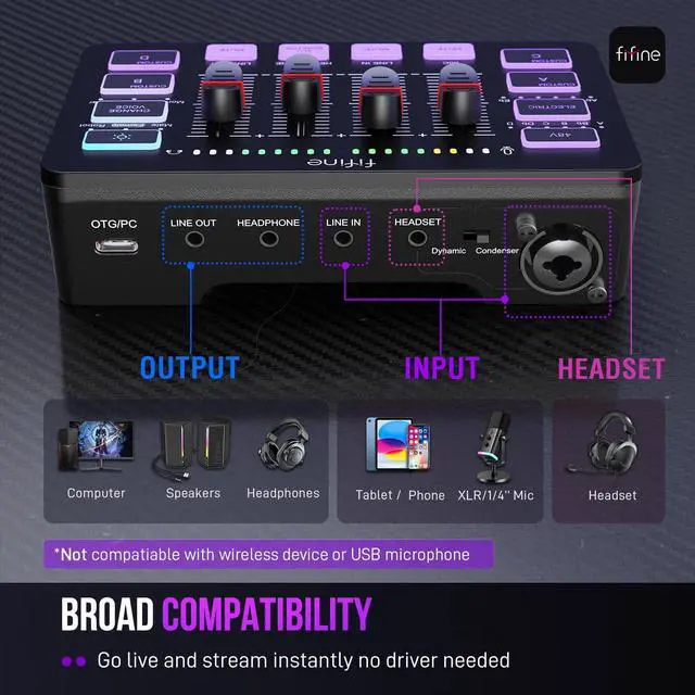 Alt view image 4 of 7 - _Mega Brand Gaming Audio Mixer, Streaming RGB PC Mixer with XLR Microphone Interface,Individual Control,Volume Fader,Mute Button,48V Phantom Power,for Podcast/Recording/Vocal/Game Voice-AmpliGame SC3