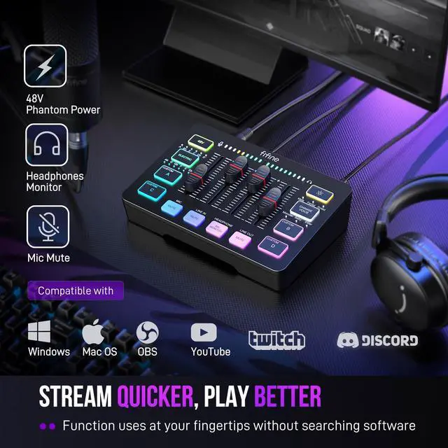Alt view image 7 of 7 - _Mega Brand Gaming Audio Mixer, Streaming RGB PC Mixer with XLR Microphone Interface,Individual Control,Volume Fader,Mute Button,48V Phantom Power,for Podcast/Recording/Vocal/Game Voice-AmpliGame SC3