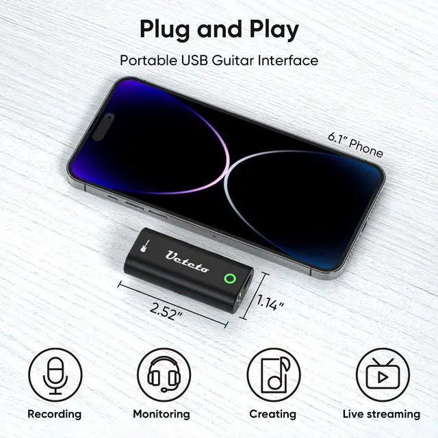 Alt view image 4 of 6 - _Mega Brand Audio Interface for Guitar, Portable Internal Recording Sound Card for Live Streaming for Iphone, Ipad and Android smartphones and tablets, No Driver Needed