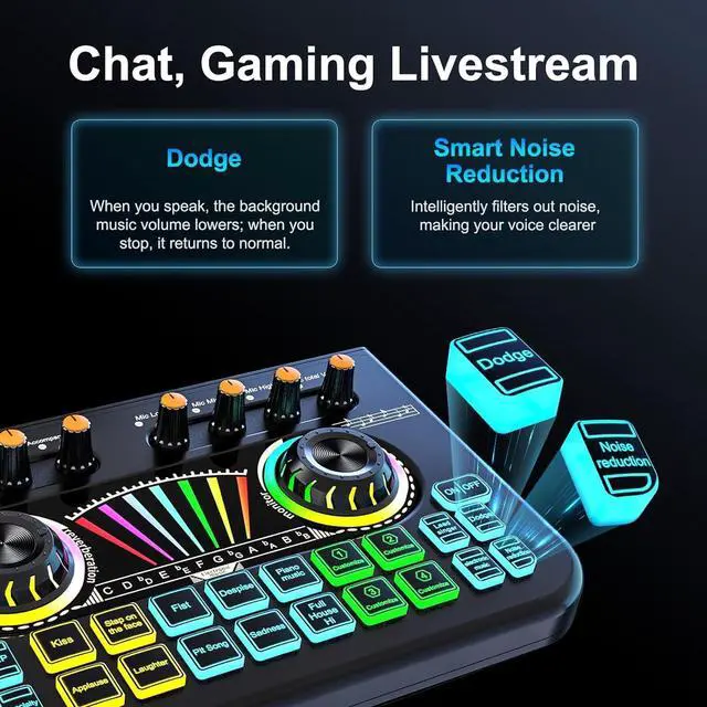 Alt view image 3 of 7 - _Mega Brand Gaming Audio Mixer Sound Board Mixer USB Audio Interface Voice Changer,All-in-One Podcast Live Sound Card for Streaming w Soundboard Customizable Soundpads