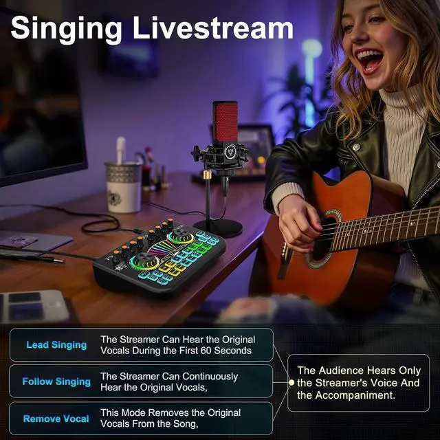 Alt view image 5 of 7 - _Mega Brand Gaming Audio Mixer Sound Board Mixer USB Audio Interface Voice Changer,All-in-One Podcast Live Sound Card for Streaming w Soundboard Customizable Soundpads