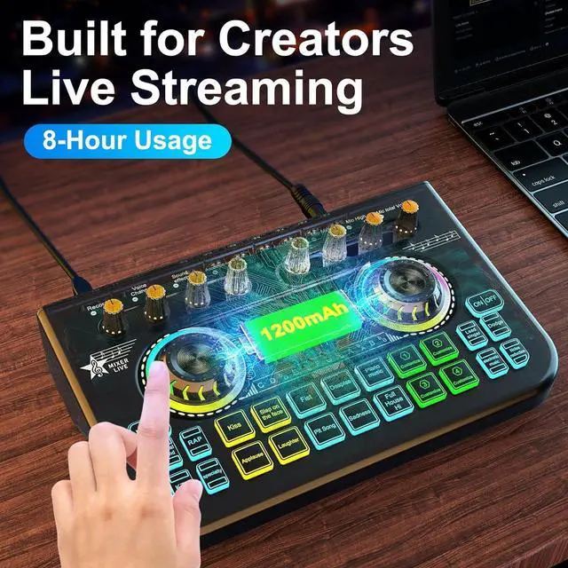 Alt view image 4 of 7 - _Mega Brand Gaming Audio Mixer Sound Board Mixer USB Audio Interface Voice Changer,All-in-One Podcast Live Sound Card for Streaming w Soundboard Customizable Soundpads
