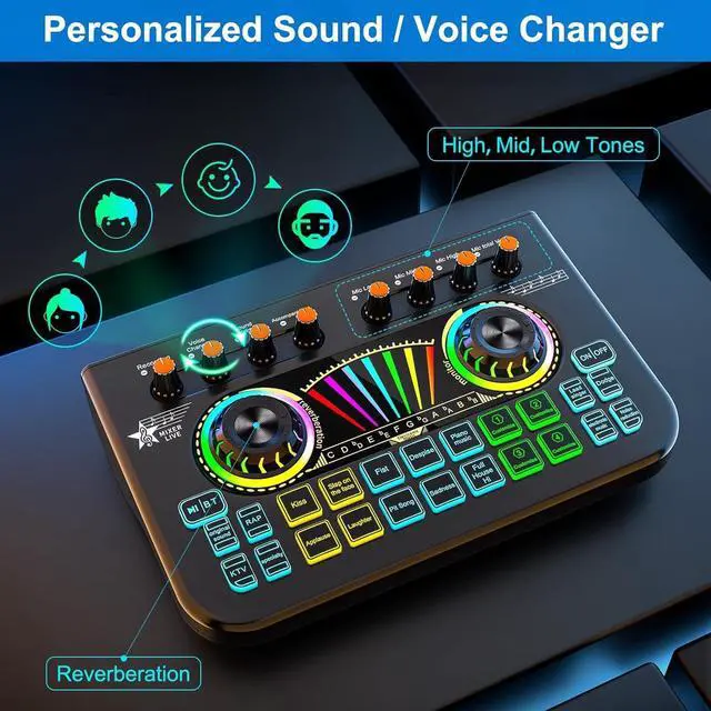 Alt view image 6 of 7 - _Mega Brand Gaming Audio Mixer Sound Board Mixer USB Audio Interface Voice Changer,All-in-One Podcast Live Sound Card for Streaming w Soundboard Customizable Soundpads