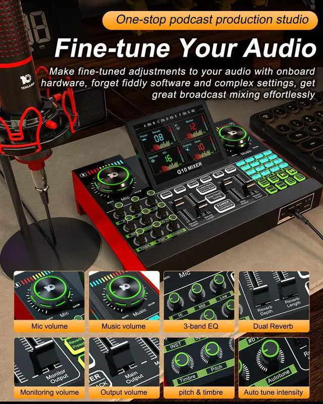 Alt view image 4 of 7 - _Mega Brand G10 DJ Audio Mixer,Podcast Equipment Live Sound Card for Streaming,Audio Interface DJ Mixer Sound Card/DJ Board Condenser Microphone for Tiktok Gaming Video Content Creator Kit.