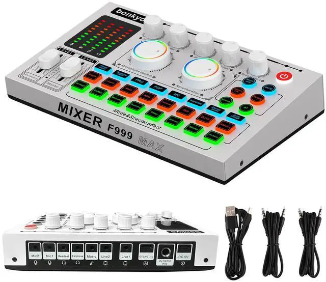 Main image of F999MAX Live Sound Card, RGB Lighting Effects, Professional Audio Mixer & Noise Reduction, Metal Body & Indicator Panel, Audio Interface & Voice Changer, DJ Mixer for Live/Gaming/Podcasting/Karaoke