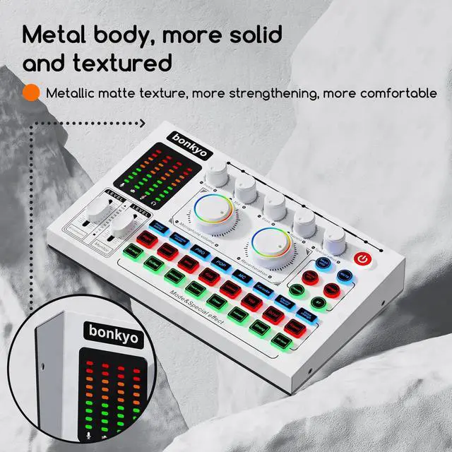 Alt view image 5 of 7 - F999MAX Live Sound Card, RGB Lighting Effects, Professional Audio Mixer & Noise Reduction, Metal Body & Indicator Panel, Audio Interface & Voice Changer, DJ Mixer for Live/Gaming/Podcasting/Karaoke