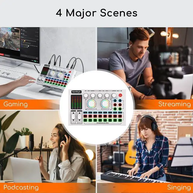Alt view image 6 of 7 - F999MAX Live Sound Card, RGB Lighting Effects, Professional Audio Mixer & Noise Reduction, Metal Body & Indicator Panel, Audio Interface & Voice Changer, DJ Mixer for Live/Gaming/Podcasting/Karaoke