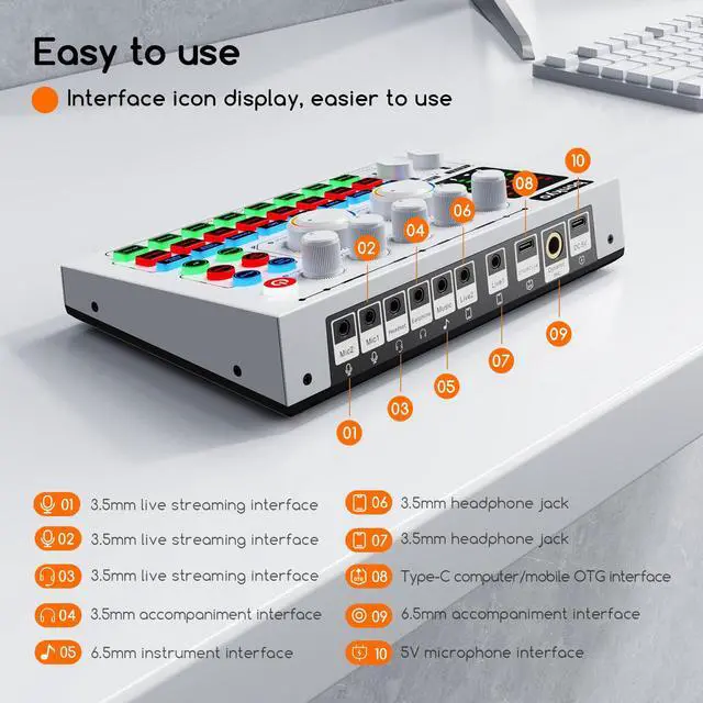 Alt view image 7 of 7 - F999MAX Live Sound Card, RGB Lighting Effects, Professional Audio Mixer & Noise Reduction, Metal Body & Indicator Panel, Audio Interface & Voice Changer, DJ Mixer for Live/Gaming/Podcasting/Karaoke