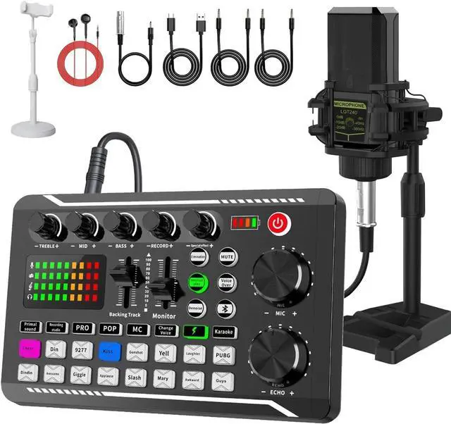 Main image of _Mega Brand F998 Podcast Equipment Bundle, Audio Interface & BM888 Recording Studio Microphone, Professional Live Sound Card w/Dj Mixer Effects & Voice Changer for Live Streaming Gaming YouTube TikTok