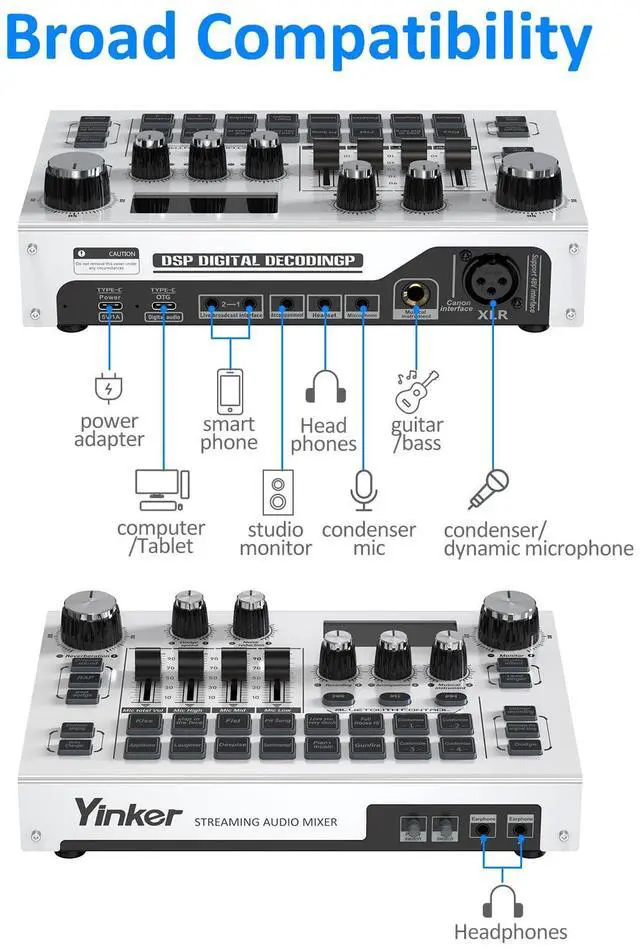 Alt view image 2 of 7 - _Mega Brand Streaming Audio Mixer, LCD Gaming Audio Mixer Interface, Live Sound Card with Bluetooth, 48V Phantom Power for Live Streaming Podcast, Recording, Gaming