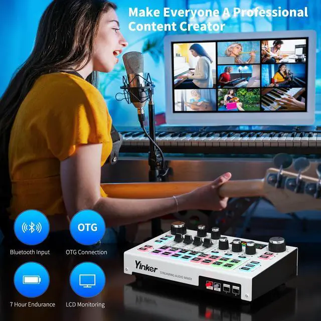 Alt view image 4 of 7 - _Mega Brand Streaming Audio Mixer, LCD Gaming Audio Mixer Interface, Live Sound Card with Bluetooth, 48V Phantom Power for Live Streaming Podcast, Recording, Gaming