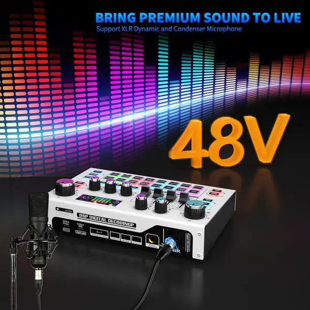 Alt view image 5 of 7 - _Mega Brand Streaming Audio Mixer, LCD Gaming Audio Mixer Interface, Live Sound Card with Bluetooth, 48V Phantom Power for Live Streaming Podcast, Recording, Gaming